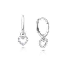 11mm Classic Huggie Hoops with Pavé Heart Dangle, Baby/Children's Earrings - Sterling Silver