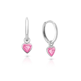 11mm Classic Huggie Hoops with Pink Heart Dangle, Teen's Earrings - Sterling Silver