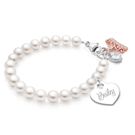 5mm Cultured Pearls, Baby/Children's Beaded Bracelet for Girls (INCLUDES Engraved Charm) - Sterling Silver