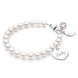 5mm Cultured Pearls, Teen's Beaded Bracelet for Girls (INCLUDES Engraved Charm) - Sterling Silver