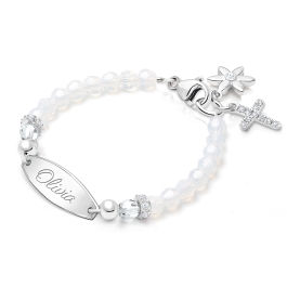 BabyLumina Signature Crystal™ White Opal Christening/Baptism Baby/Children’s Engraved Bracelet for Girls - Sterling Silver