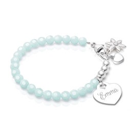 BabyLumina Signature Crystal™ Trademark Blue, Teen's Beaded Bracelet for Girls (INCLUDES Engraved Charm) - Sterling Silver