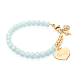BabyLumina Signature Crystal™ Trademark Blue, Teen's Beaded Bracelet for Girls (INCLUDES Engraved Charm) - 14K Gold