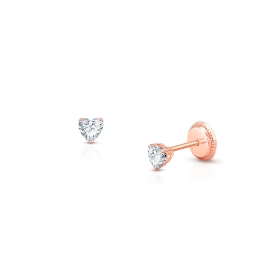 Teeny Tiny Heart Studs, 3mm Clear CZ Christening/Baptism Baby/Children's Earrings, Screw Back - 14K Rose Gold