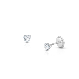 Teeny Tiny Heart Studs, 3mm Clear CZ Baby/Children's Earrings, Screw Back - 14K White Gold