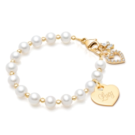 Timeless Pearls, Baby/Children’s Beaded Bracelet for Girls (INCLUDES Engraved Charm) - 14K Gold