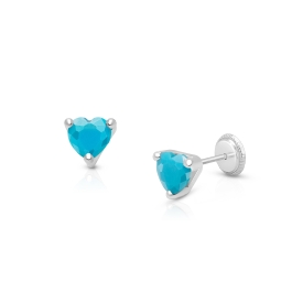 Simple Heart Studs, 5mm Turquoise CZ Baby/Children's Earrings, Screw Back - 14K White Gold