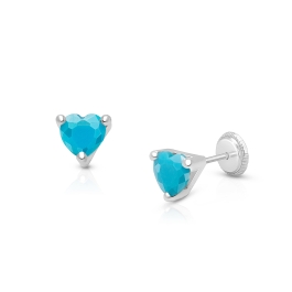 Simple Heart Studs, 5mm Turquoise CZ Teen's Earrings, Screw Back - 14K White Gold