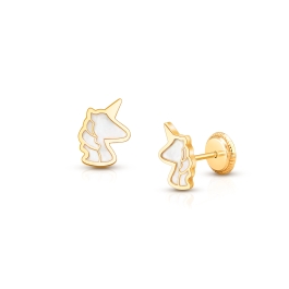 Genuine Magic, Mother of Pearl Unicorn Baby/Children's Earrings, Screw Back - 14K Gold