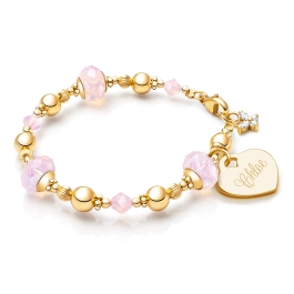 Gia™ Sweet Rose, Pink Opal Baby/Children's Beaded Bracelet for Girls (INCLUDES Engraved Charm) - 14K Gold