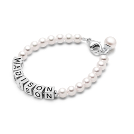 4mm Cultured Pearls, Baby/Children's Name Bracelet for Girls (Includes Pearl Charm) - Sterling Silver