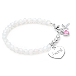 BabyLumina Signature Crystal™ White Opal, Christening/Baptism Baby/Children’s Beaded Bracelet for Girls (INCLUDES Engraved Charm) - Sterling Silver