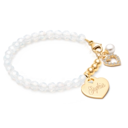 BabyLumina Signature Crystal™ White Opal, Baby/Children’s Beaded Bracelet for Girls (INCLUDES Engraved Charm) - 14K Gold