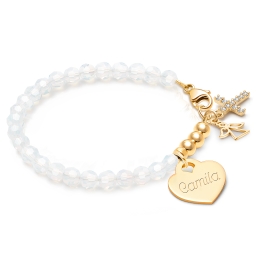 BabyLumina Signature Crystal™ White Opal, Christening/Baptism Baby/Children’s Beaded Bracelet for Girls (INCLUDES Engraved Charm) - 14K Gold
