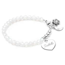 BabyLumina Signature Crystal™ White Opal, Teen's Beaded Bracelet for Girls (INCLUDES Engraved Charm) - Sterling Silver