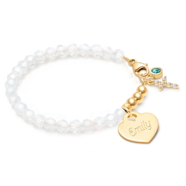 BabyLumina Signature Crystal™ White Opal, First Holy Communion Beaded Bracelet for Girls (INCLUDES Engraved Charm) - 14K Gold