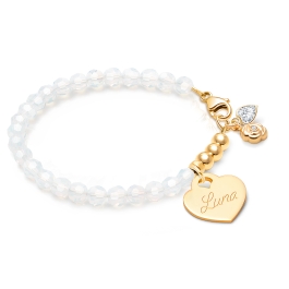 BabyLumina Signature Crystal™ White Opal, Teen's Beaded Bracelet for Girls (INCLUDES Engraved Charm) - 14K Gold