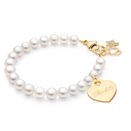 5mm Cultured Pearls, Baby/Children's Beaded Bracelet for Girls (INCLUDES Engraved Charm) - 14K Gold