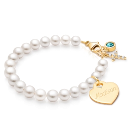 5mm Cultured Pearls, Teen's Beaded Bracelet for Girls (INCLUDES Engraved Charm) - 14K Gold